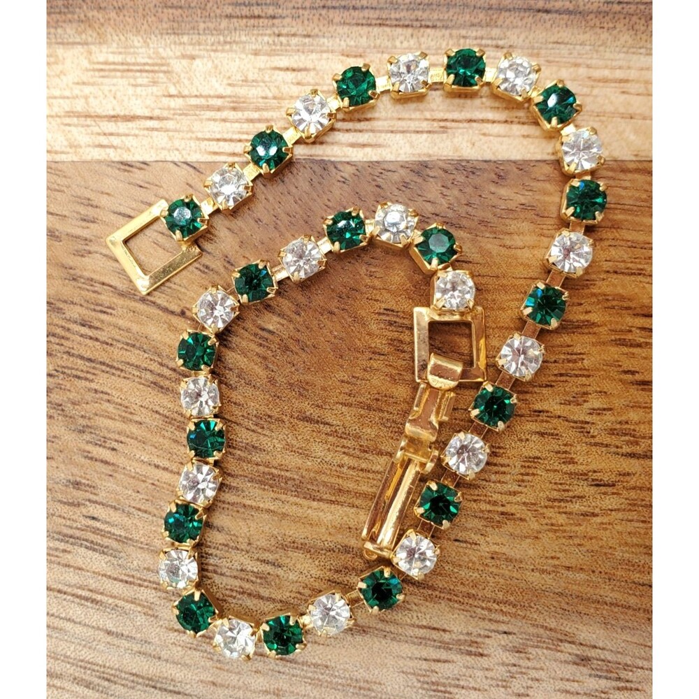 Vintage Gold Tone Green & Clear Rhinestone Tennis Bracelet 6.5" Crystal Delicate